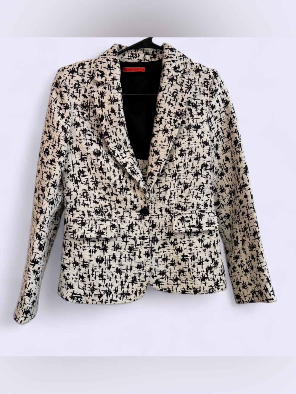 Alice + Olivia Black and Cream Tweed Notch Lapel Blazer